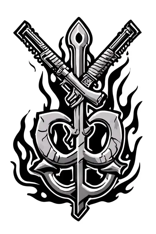 Forearm tattoo design of a Khanda symbol fused with an AK-47, flames wrapping around the design, representing rebellion  tattoo design idea
