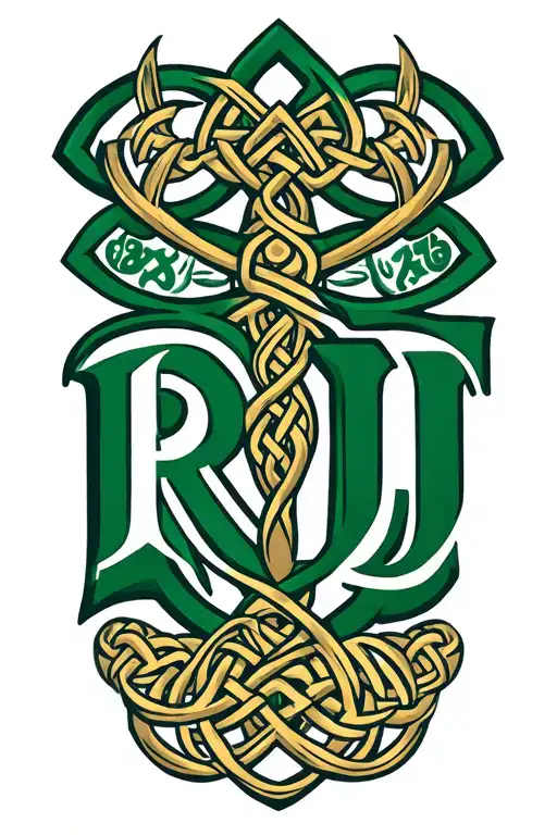 claddaugh Celtic symbol  with initials R and J and the wedding date 8/14/24 embedded with color tattoo design idea