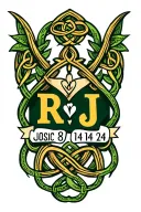 claddaugh Celtic symbol  with initials R and J and the wedding date 8/14/24 embedded with color tattoo design idea