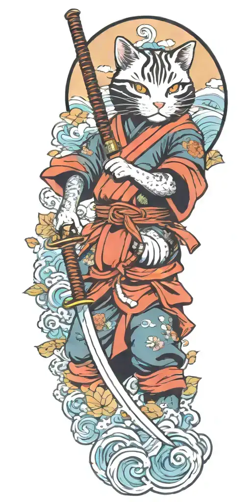 ninja cat holding katana, helmet, water, waves, lotus, sakura, clouds, whirlpool, leaves tattoo design idea
