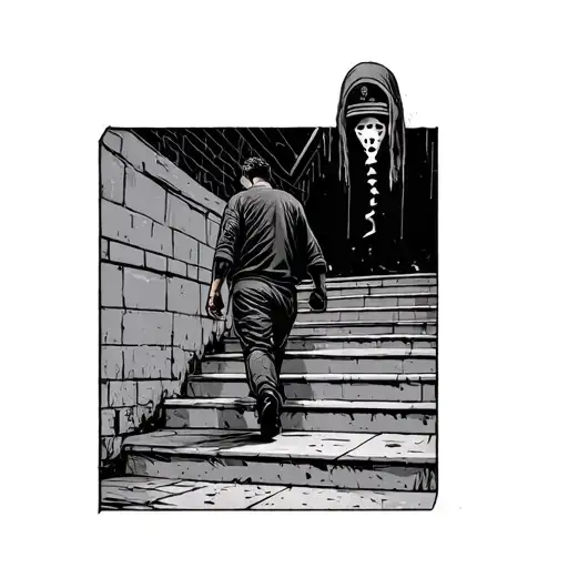 a man walking down stairs into darkness with a ski mask on his hand tattoo design idea