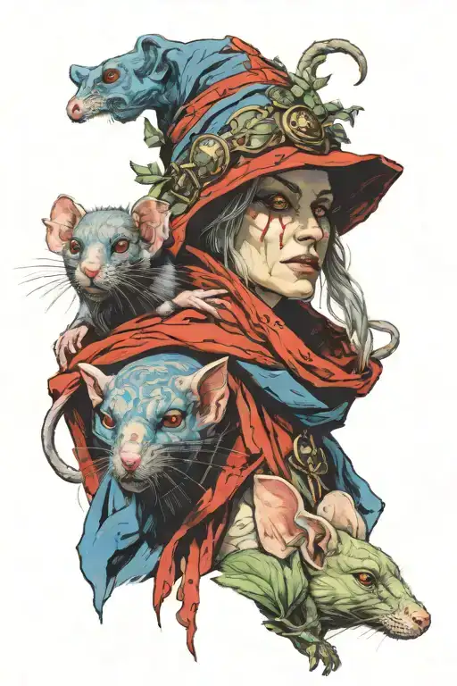 Blue skinned witch hag with red eyes and human faced rat familiar on shoulder, sage colored robes and hood tattoo design idea