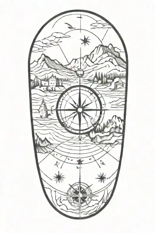 tattoo featuring greek landscape, compass, globe tattoo design idea