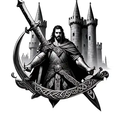 Irish warrior with sword surrounded by Celtic castles  tattoo design idea