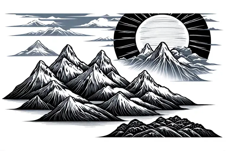 traditional Japanese style line art with five mountain peaks with a large sun tattoo design idea