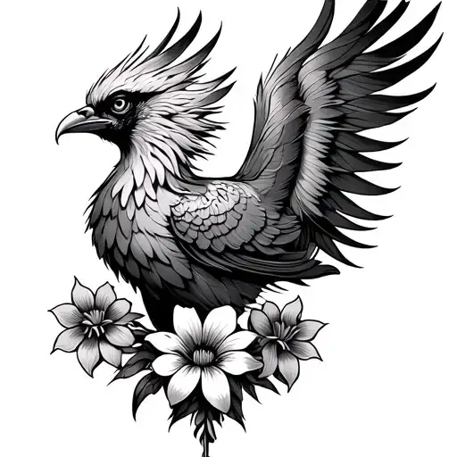Phenix with 2 steep feathers and 3 flowers below tattoo design idea