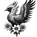 Phenix with 2 steep feathers and 3 flowers below tattoo design idea