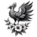 Phenix with 2 steep feathers and 3 flowers below tattoo design idea