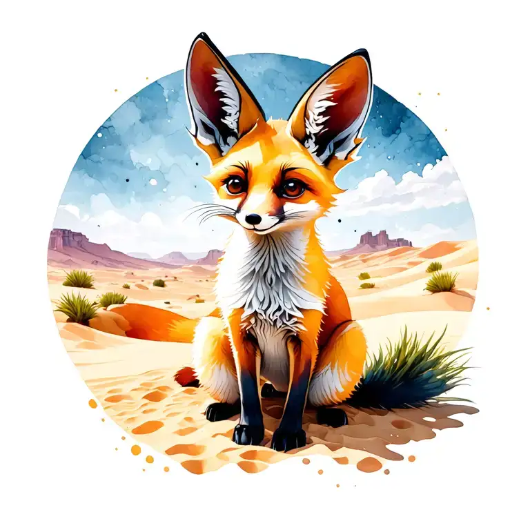 A playful fennec fox in a sunlit desert, glowing sand and big sky. Bold digital style, warm tones, energetic and golden. tattoo design idea