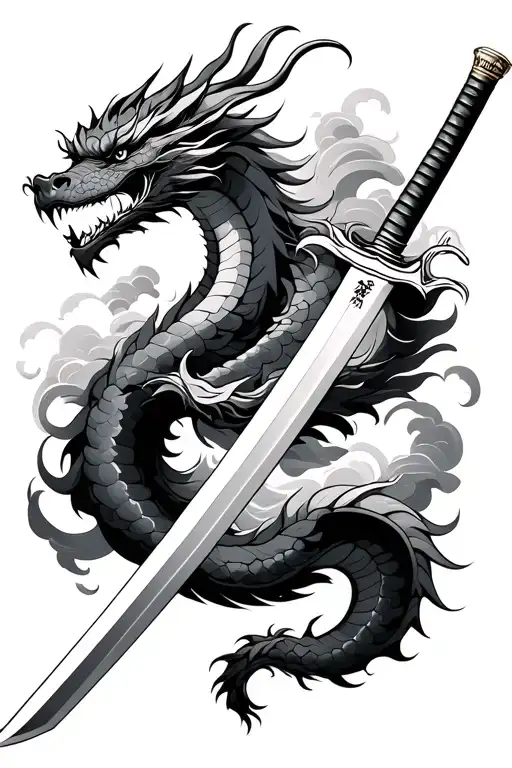 Japanese samurai sword straight with dragon wrapped around with clouds tattoo design idea