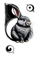 really long-haired gray rabbit, in the background a ying yang sign with a 3d effect tattoo design idea