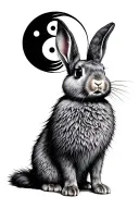really long-haired gray rabbit, in the background a ying yang sign with a 3d effect tattoo design idea