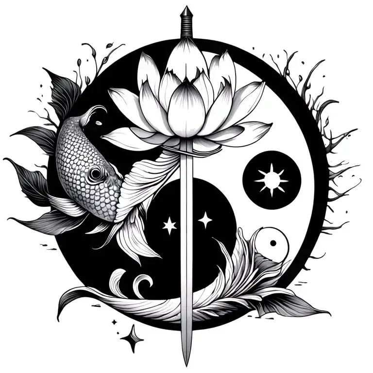 lotus flower, yin and yang as koi fish, sword, sun moon stars tattoo design idea