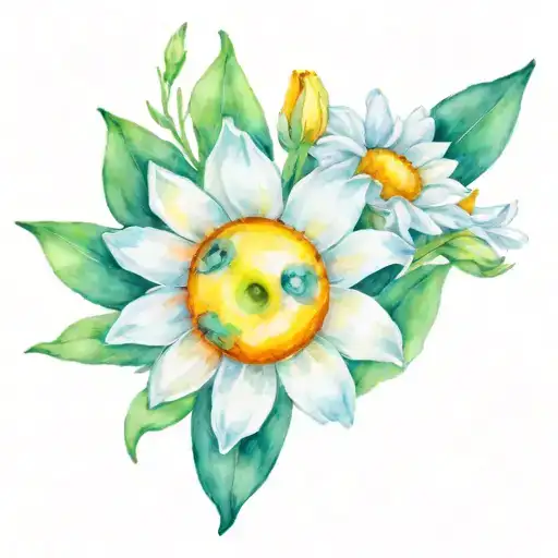 hawk eye with daisies and daffodils tattoo design idea