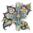 cross with 3 stones which are diamond, tanzanite, and opal. behind the cross daises, narcisuss, and marigold flowers tattoo design idea