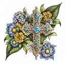cross with 3 stones which are diamond, tanzanite, and opal. behind the cross daises, narcisuss, and marigold flowers tattoo design idea