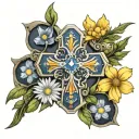 cross with 3 stones which are diamond, tanzanite, and opal. behind the cross daises, narcisuss, and marigold flowers tattoo design idea