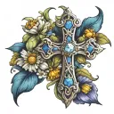 cross with 3 stones which are diamond, tanzanite, and opal. behind the cross daises, narcisuss, and marigold flowers tattoo design idea