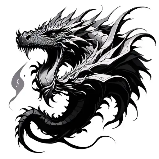 A powerful, abstract tattoo design concept for the bicep. The composition begins from the dragon’s tail or claw and grad tattoo design idea