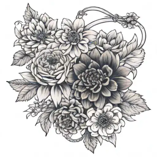 Wrist bracelet fine line dahlias forget-me-nots ranunculus violets tattoo design idea