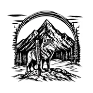 Mountain with full moon in the background that incorporates blackfoot native totem poles and a wolf tattoo design idea