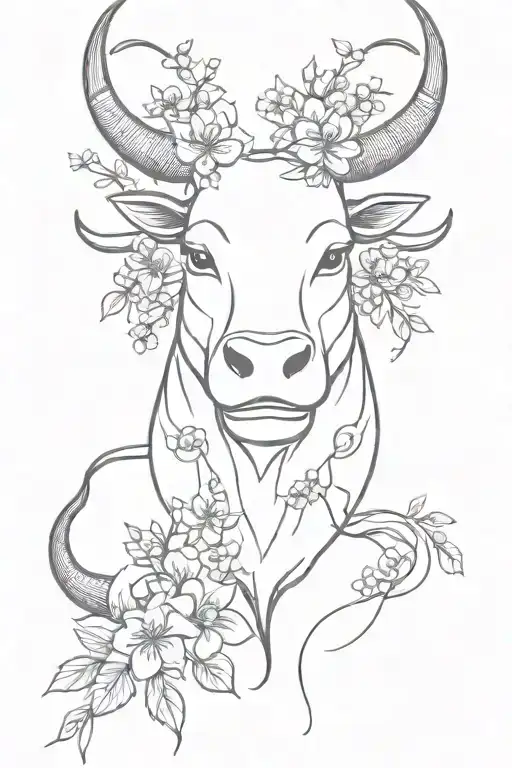 Bull head and cat head connected, one line style, decoration with plum blossoms on bull horns tattoo design idea