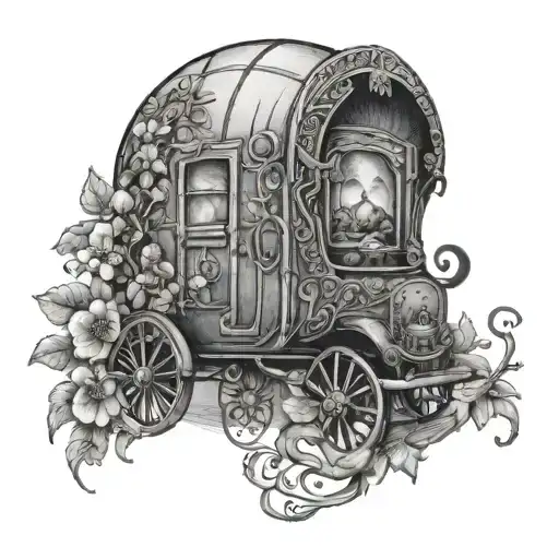 gypsy wagon with vines and flowers and thorbs all around it and 3 bees inside a crystal ball tattoo design idea