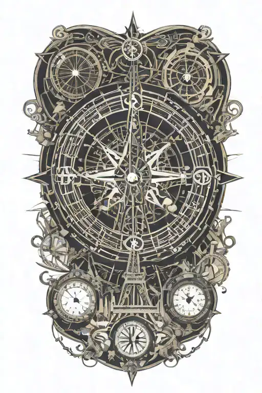 world map, compass, eiffel tower, dubai tower skyline, clock, compass tattoo design idea