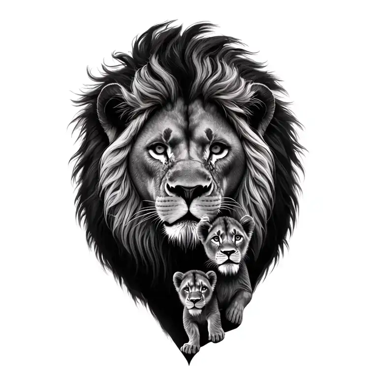 3D, lion, Lioness protecting 2 cub facing  tattoo design idea