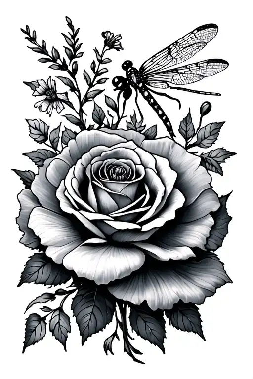 sleeve tattoo with larkspur, poppy, dragonfly, rose, and rose  tattoo design idea