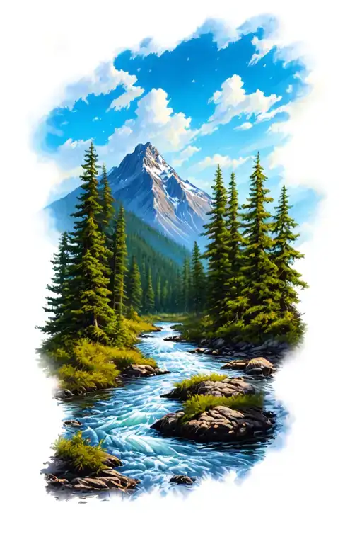 river in a forest with mountain range tattoo design idea