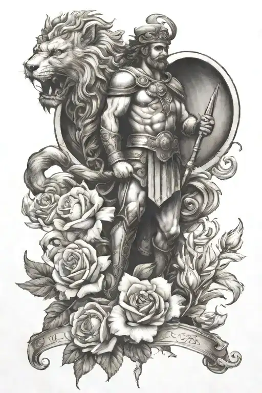 roses and lilys with st Florian and lion roaring behind tattoo design idea