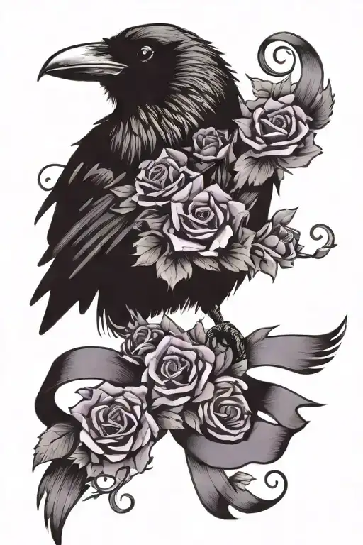 crow carrying flowers wrapped in purple ribbon with hidden number 38 tattoo design idea