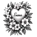 forget me not flowers with a heart and the word emma tattoo design idea