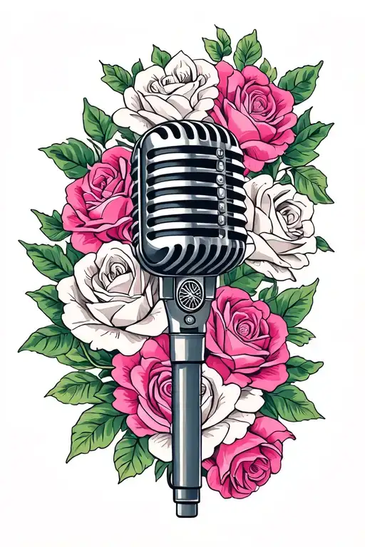 microphone intertwined with pink and white roses with hmong inspiration  tattoo design idea