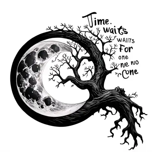 moon cancerian hour glass tree of life quote time waits for no one tattoo design idea