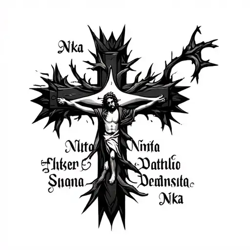 black cross from jesus christ and put his thorn crown at the top of the cross and write Ic Xc Nika at the corners tattoo design idea