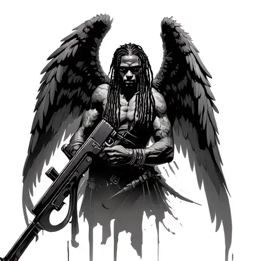 black angel with dreads facing right holding rifle tattoo design idea