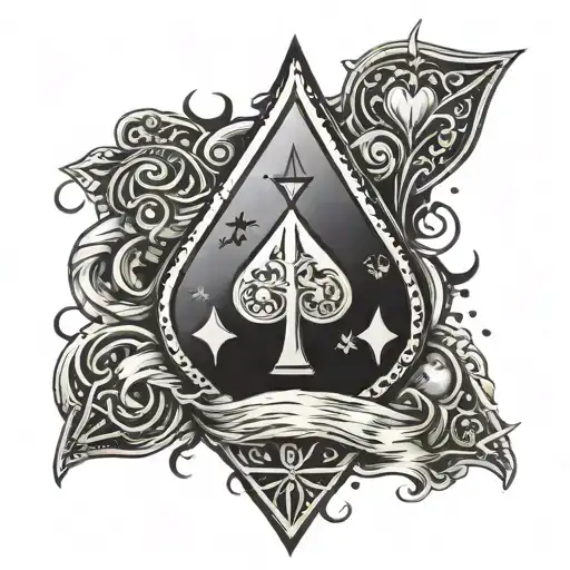 Ace of spade card, oldish, with a Queen of hearts at the back, a Aries sign in the spade, barb wire running through it.. tattoo design idea