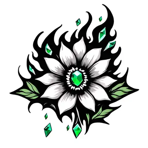 fire, flame, flower with green diamonds simple tattoo design idea