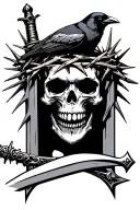 skull wearing a crown of thorns with a sword going through it with a crow on top of the sword  tattoo design idea