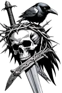 skull wearing a crown of thorns with a sword going through it with a crow on top of the sword  tattoo design idea