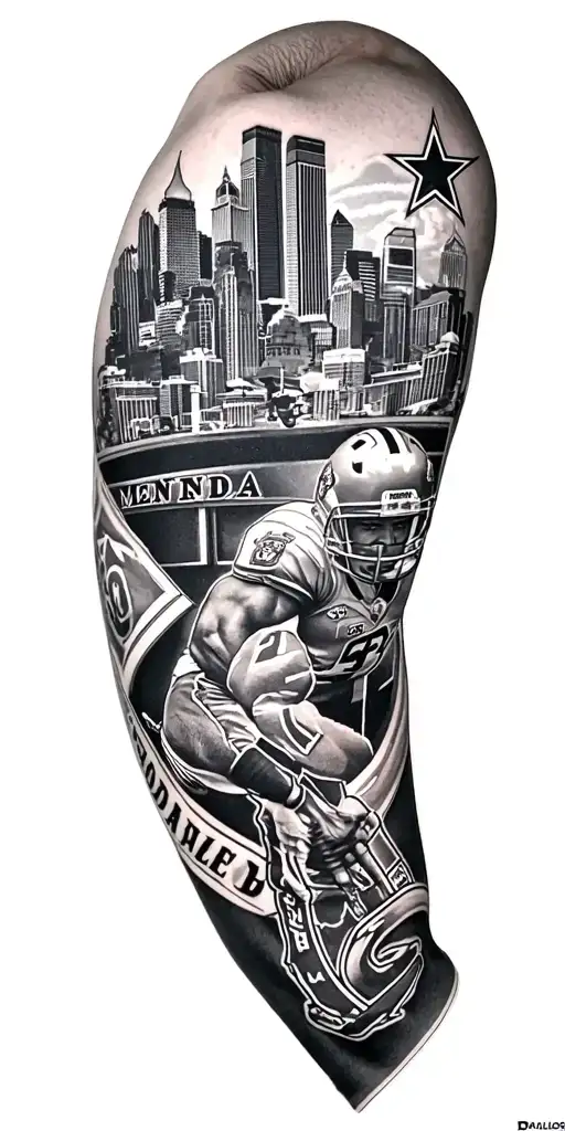 Sleeve tatto with mendoza amd dallas cowboys and city of dallas tattoo design idea