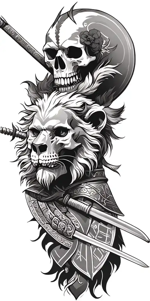 Skull Lion And Samurai warrior tattoo design idea