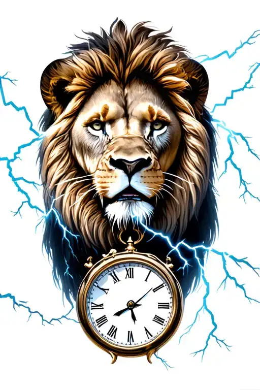 lion with 3 clocks in lightning storm tattoo design idea