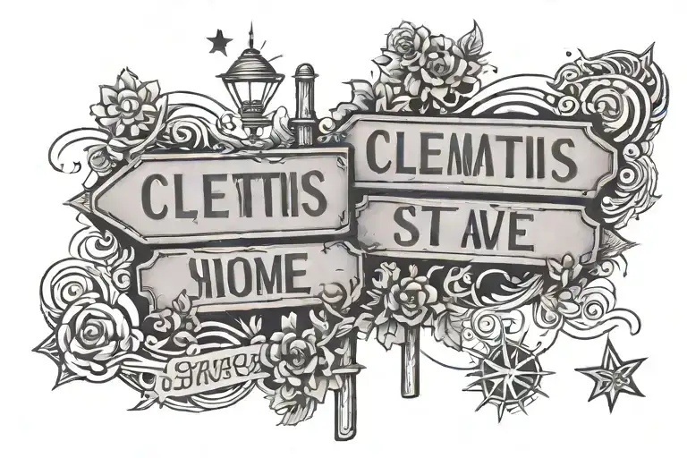 Two streets signs that say Clematis St. and Home Ave intertwined with elements on left side and 5 star auras on the righ tattoo design idea