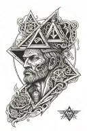 Self made man statue with 4 alchemich elements beneath it and the masonic logo in his chest tattoo design idea