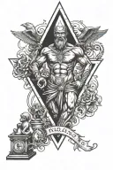 Self made man statue with 4 alchemich elements beneath it and the masonic logo in his chest tattoo design idea