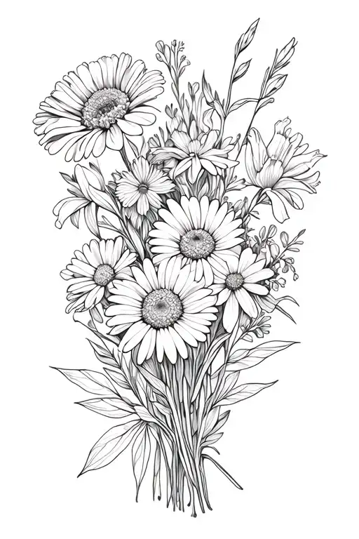 minimalist bouquet of flowers intertwined: marigold, larkspur, daisy, carnation, and a gladiolus  tattoo design idea