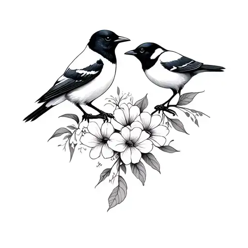 2 magpies and australian native flowers tattoo design idea
